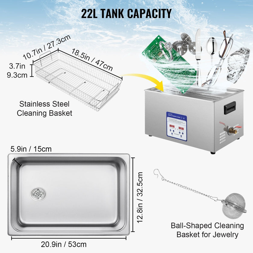 VEVOR Digital Ultrasonic Cleaner 22L Ultrasonic Cleaning Machine 40kHz Sonic Cleaner Machine 316 & 304 Stainless Steel Ultrasonic Cleaner Machine with Heater & Timer for Cleaning Jewelry Glasses Watch