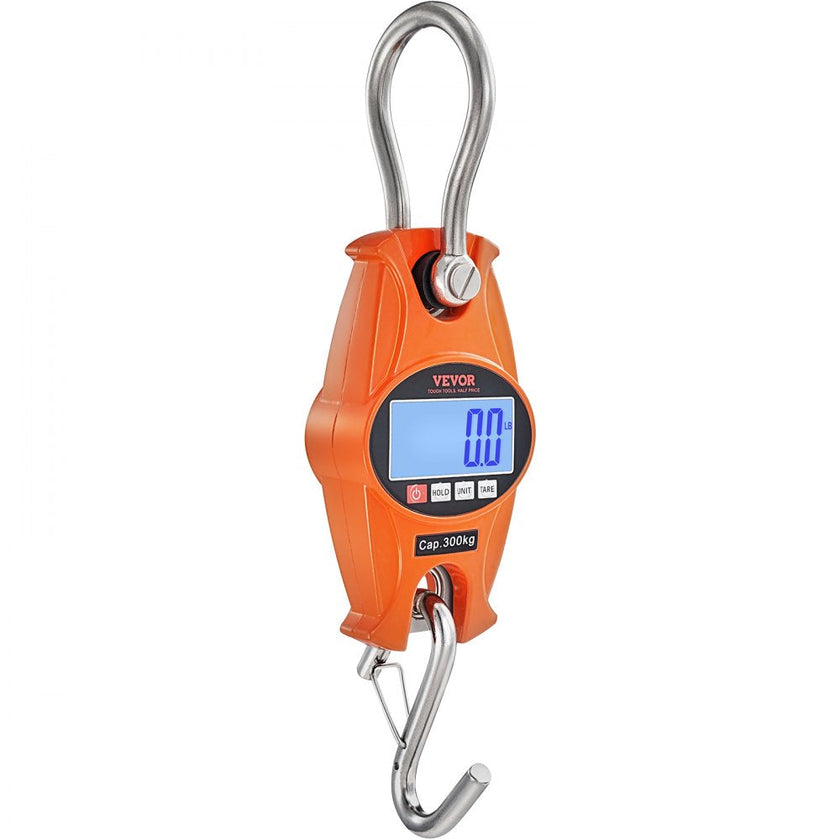 VEVOR Digital Crane Scale, 660 lbs/300 kg, Industrial Heavy Duty Hanging Scale with Cast Aluminum Case & LCD Screen, Handheld Mini Crane with Hooks for Farm, Hunting, Fishing, Outdoor, Garage (Orange)