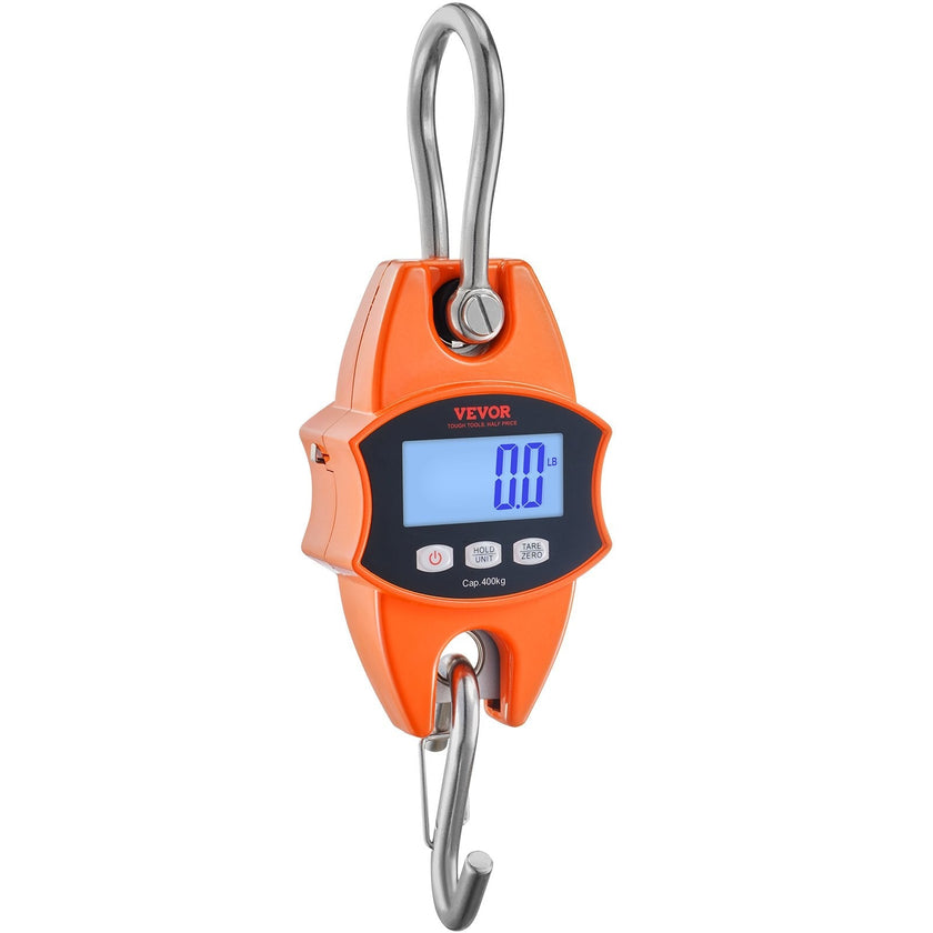 VEVOR Digital Crane Scale, 880 lbs/400 kg, Industrial Heavy Duty Hanging Scale with Cast Aluminum Case & LCD Screen, Handheld Mini Crane with Hooks for Farm, Hunting, Fishing, Outdoor, Garage (Orange)