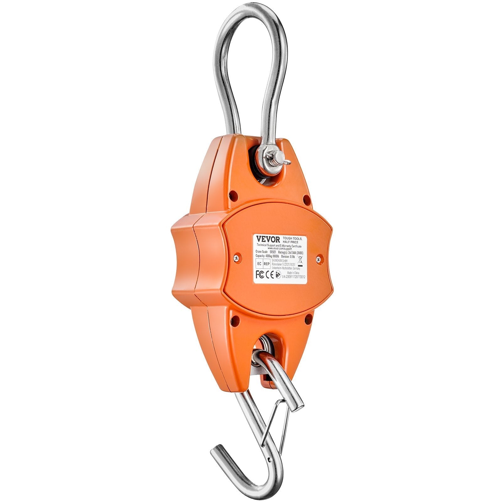 VEVOR Digital Crane Scale, 880 lbs/400 kg, Industrial Heavy Duty Hanging Scale with Cast Aluminum Case & LCD Screen, Handheld Mini Crane with Hooks for Farm, Hunting, Fishing, Outdoor, Garage (Orange)