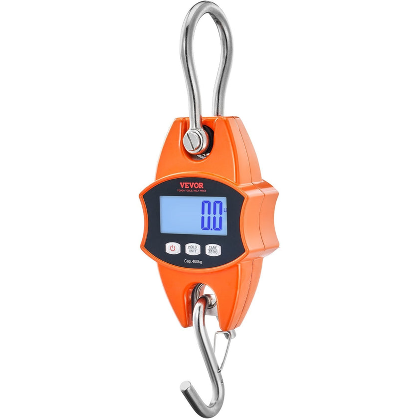 VEVOR Digital Crane Scale, 880 lbs/400 kg, Industrial Heavy Duty Hanging Scale with Cast Aluminum Case & LCD Screen, Handheld Mini Crane with Hooks for Farm, Hunting, Fishing, Outdoor, Garage (Orange)