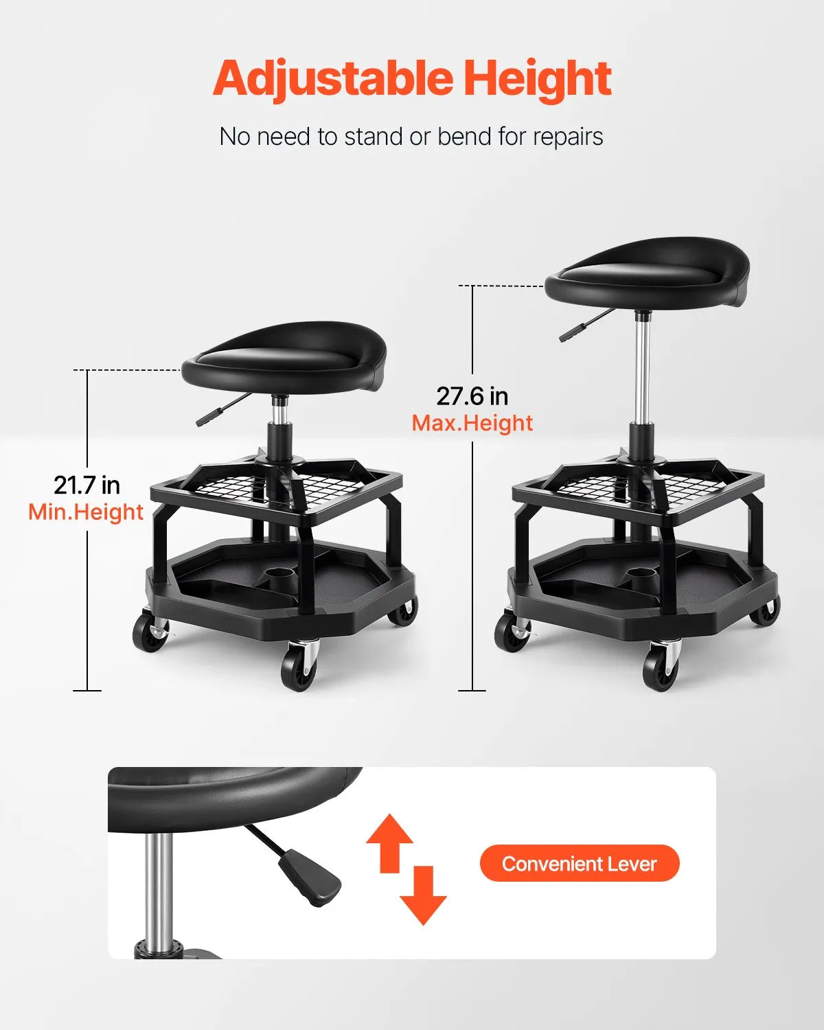 VEVOR Rolling Shop Stool Adjustable Height Garage Seat 300 lbs Load with Caster