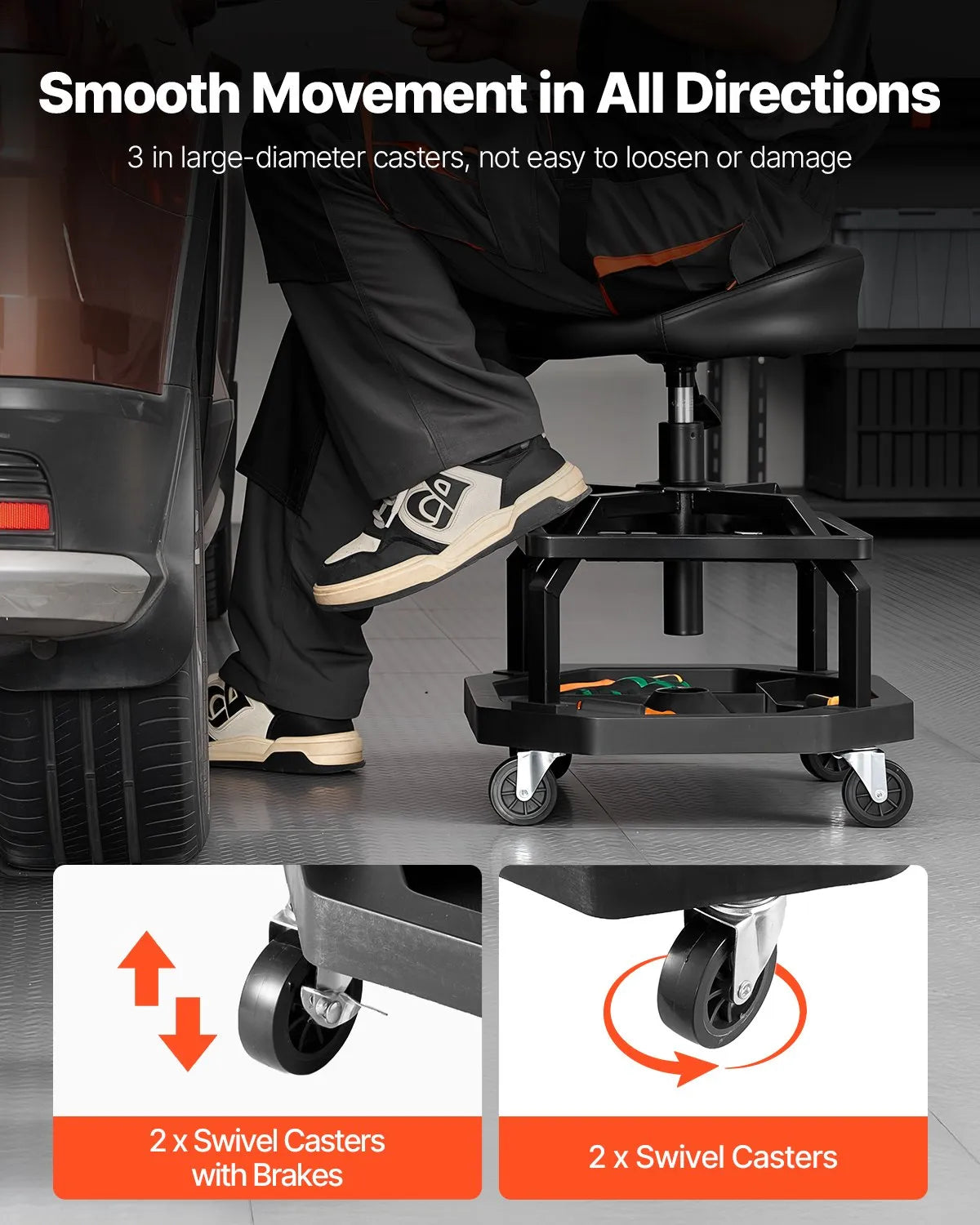 VEVOR Rolling Shop Stool Adjustable Height Garage Seat 300 lbs Load with Caster