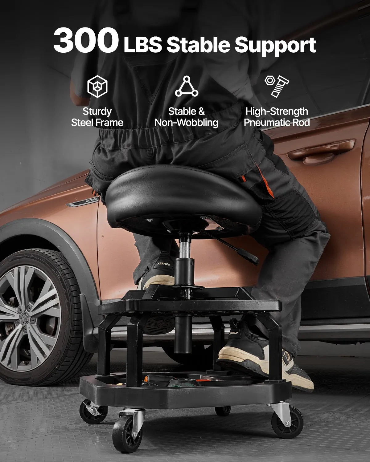 VEVOR Rolling Shop Stool Adjustable Height Garage Seat 300 lbs Load with Caster