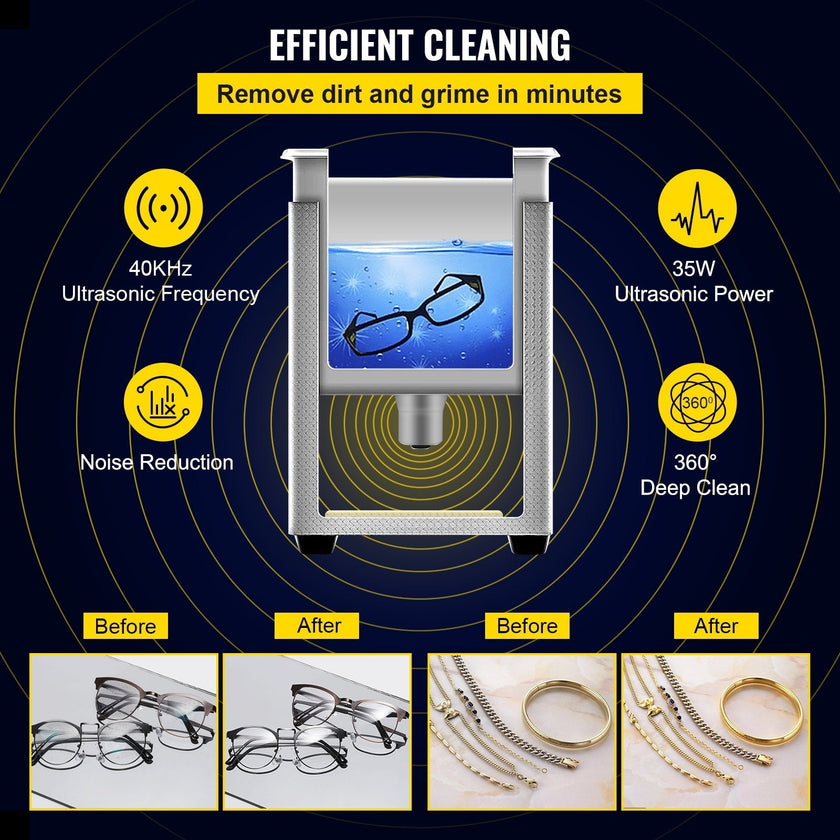 VEVOR 0.8L Professional Ultrasonic Cleaner 304 Stainless Steel Digital Lab Ultrasonic Cleaner with Timer for Jewelry Watch Glasses Circuit Board Dentures Small Parts Dental Instrument (0.8L)