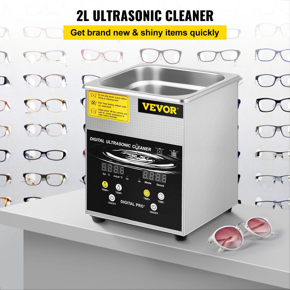 VEVOR Ultrasonic Cleaner 2L Stainless Steel 260W Industry Heated w/Timer Heater