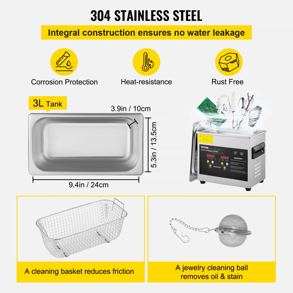 VEVOR Ultrasonic Cleaner 3L Ultrasonic Parts Cleaner 200W 40KHz Stainless Steel Ultrasonic Jewelry Cleaner with Digital Timer Heater for Jewelry Glasses Cleaning