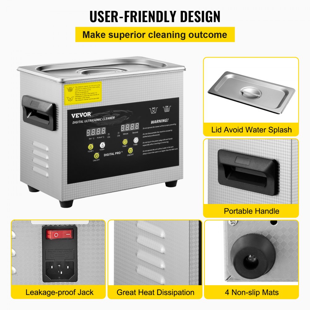 VEVOR Ultrasonic Cleaner 3L Ultrasonic Parts Cleaner 200W 40KHz Stainless Steel Ultrasonic Jewelry Cleaner with Digital Timer Heater for Jewelry Glasses Cleaning