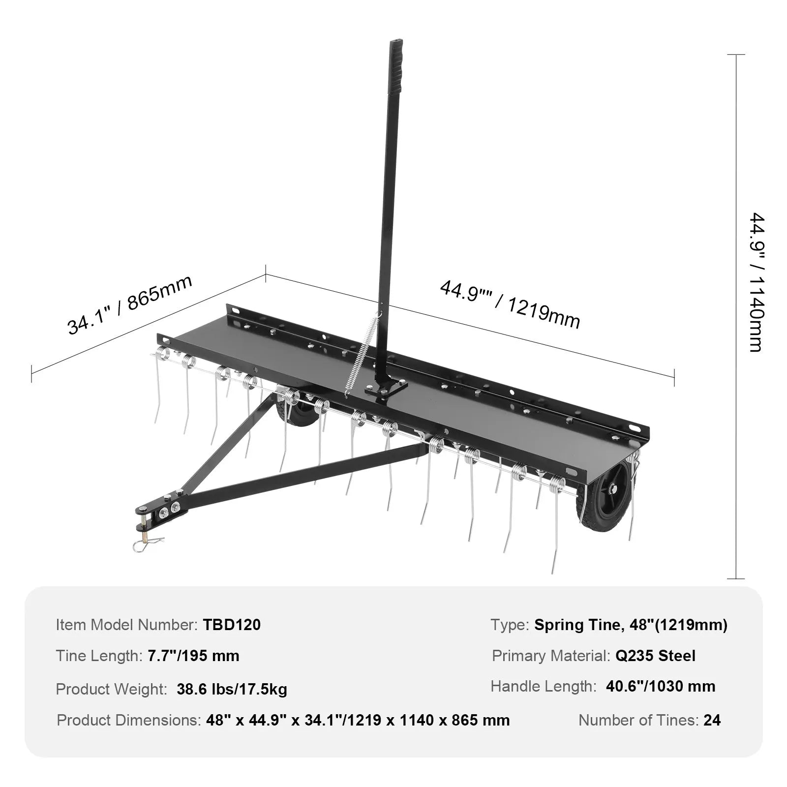 VEVOR Tow Behind Dethatcher, 48-inch Tow Dethatcher with 24 Spring Steel Tines, Lawn Dethatcher Rake for ATV or Mower, Tow Behind Lawn Rake with Lift Handle for Garden Farm Grass