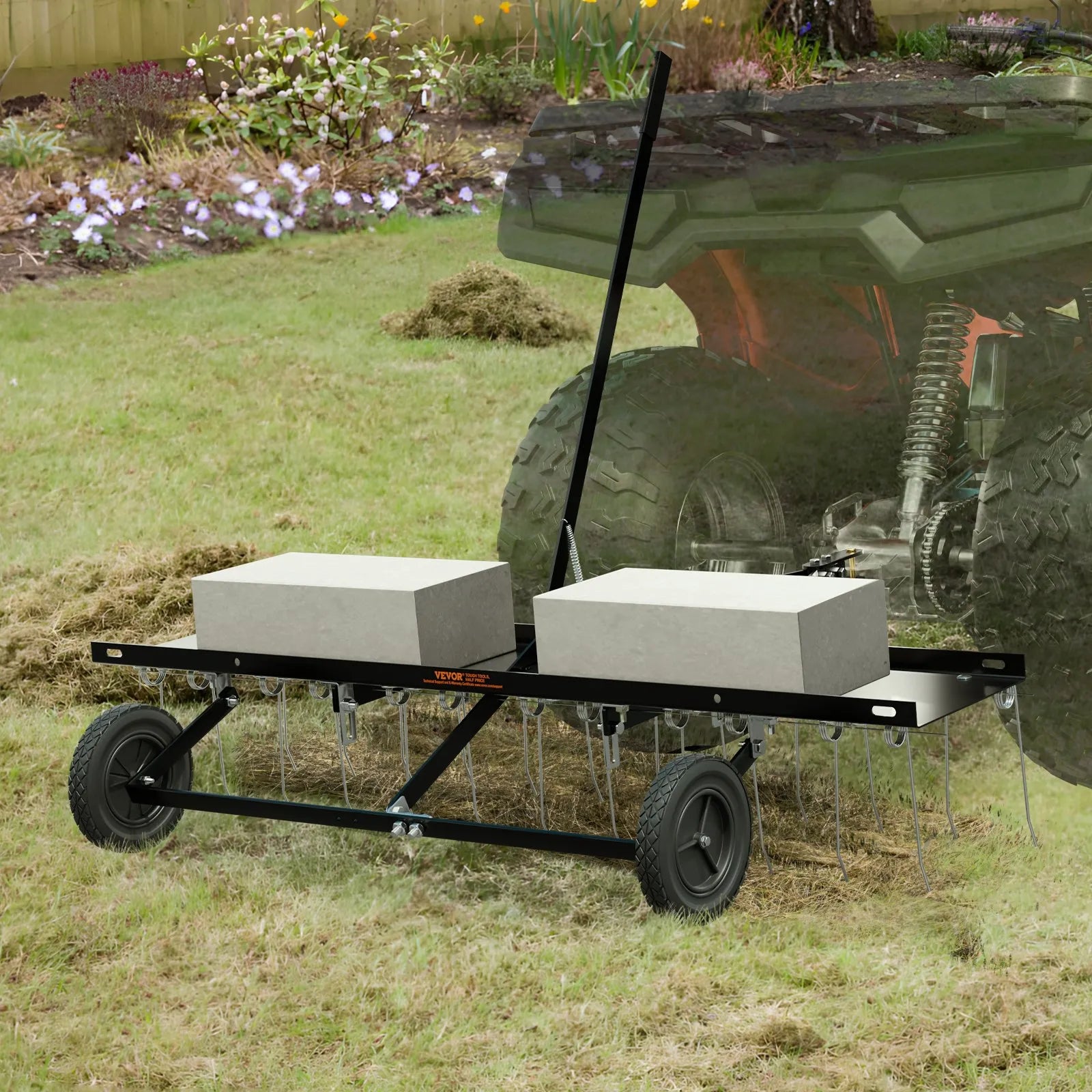VEVOR Tow Behind Dethatcher, 48-inch Tow Dethatcher with 24 Spring Steel Tines, Lawn Dethatcher Rake for ATV or Mower, Tow Behind Lawn Rake with Lift Handle for Garden Farm Grass