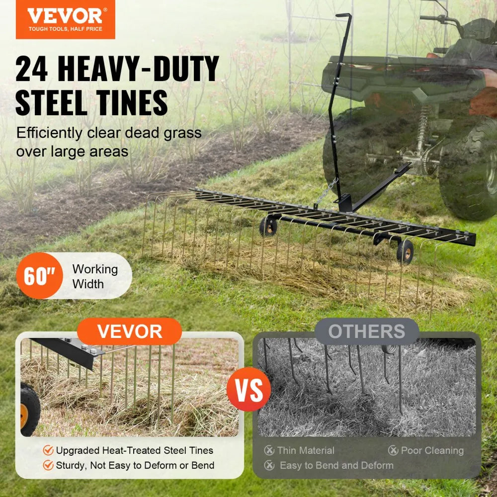 VEVOR Tow Behind Dethatcher, 60-inch Tow Dethatcher with 24 Steel Tines, Lawn Dethatcher Rake for ATV or Mower, Tow Behind Lawn Rake with Lift Handle for Leaves, Pine Needles, and Grass