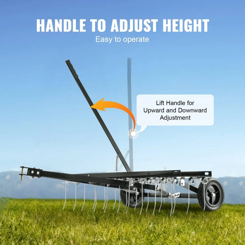 VEVOR Tow Behind Dethatcher, 40-inch Tow Dethatcher with 20 Spring Steel Tines, Lawn Dethatcher Rake for ATV or Mower, Tow Behind Lawn Rake with Lift Handle for Garden Farm Grass