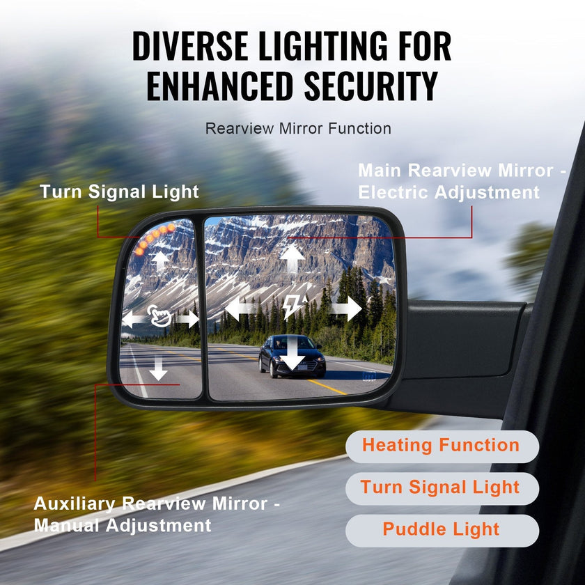 VEVOR Towing Mirrors, Left & Right Pair Set for 2002-2008 Dodge Ram 1500 2500 3500 (Partial 2009 Models), Power Heated with Signal Light & Puddle Light, Manual Controlling Flipping Folding, Black