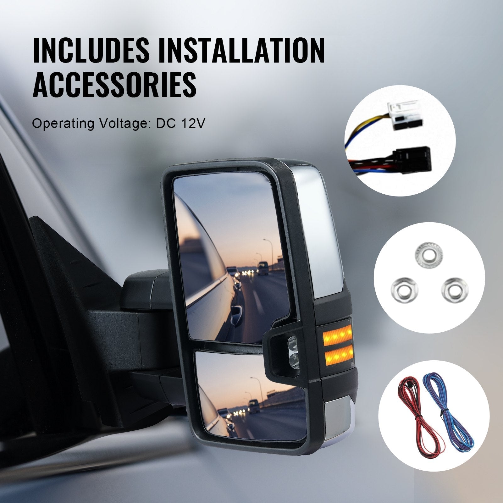 VEVOR Towing Mirrors, Left & Right Pair Set for Chevrolet Silverado (2007-2014)/GMC/Cadillac, Power Heated Tow Mirror with Signal Light, Manual Controlling Telescoping Folding, Heating Defrost, Silver