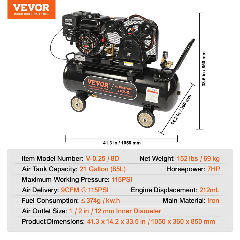 VEVOR 21 Gallon Gas Powered Air Compressor, 7HP 9CFM@115PSI Air Compressor Tank on Wheels, Gas Driven Piston Pump Air Compressed System with 115PSI Maximum Pressure for Workshop Construction Sites