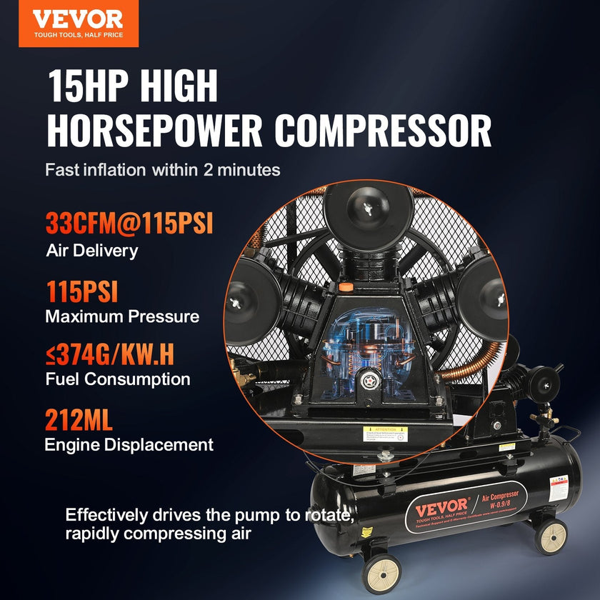 VEVOR 30 Gallon Gas Powered Air Compressor, 15HP 33CFM@115PSI Air Compressor Tank on Wheels, Gas Driven Piston Pump Air Compressed System with 115PSI Maximum Pressure for Workshop Construction Sites