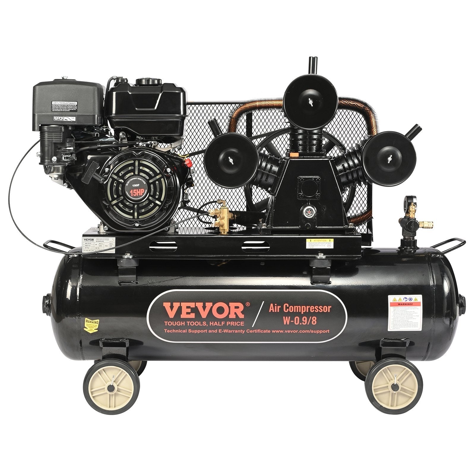VEVOR 30 Gallon Gas Powered Air Compressor, 15HP 33CFM@115PSI Air Compressor Tank on Wheels, Gas Driven Piston Pump Air Compressed System with 115PSI Maximum Pressure for Workshop Construction Sites