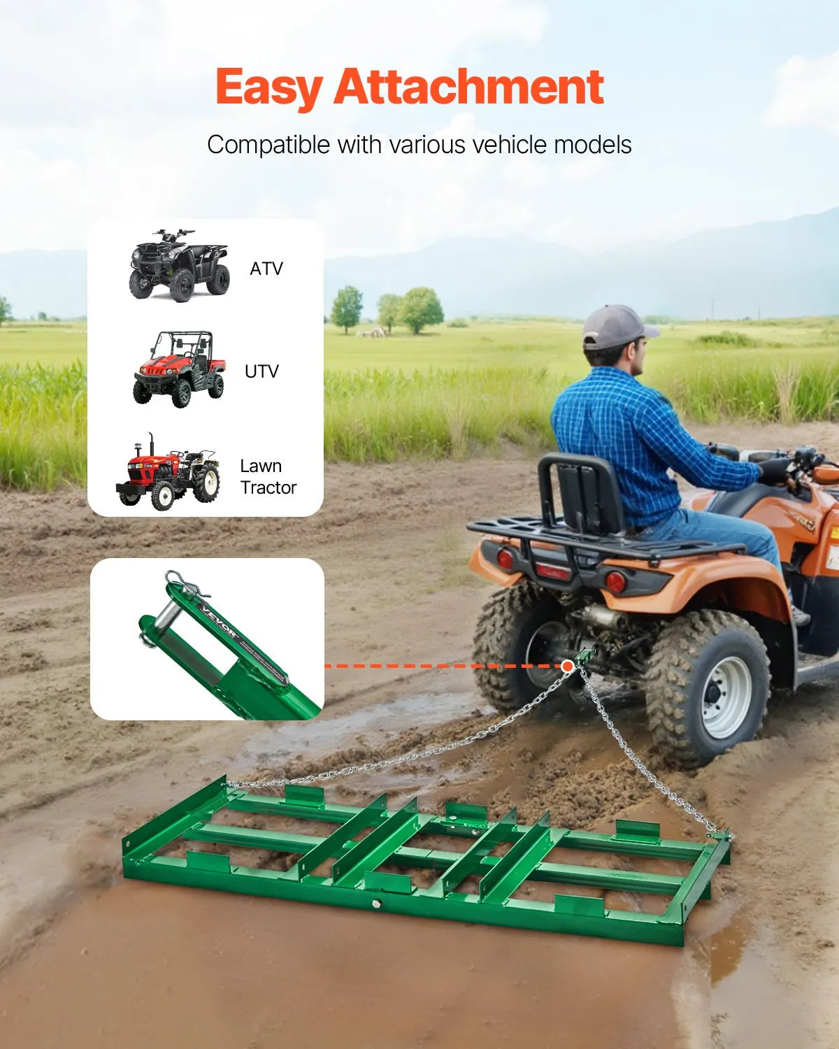 VEVOR Drag Harrow 4 ft Heavy Duty Tow Behind Drag Harrow Driveway Grader Rake