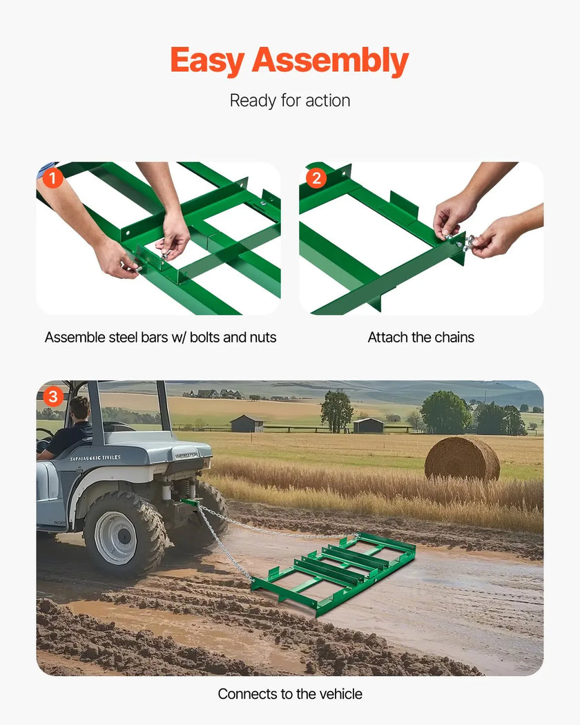 VEVOR Drag Harrow 4 ft Heavy Duty Tow Behind Drag Harrow Driveway Grader Rake