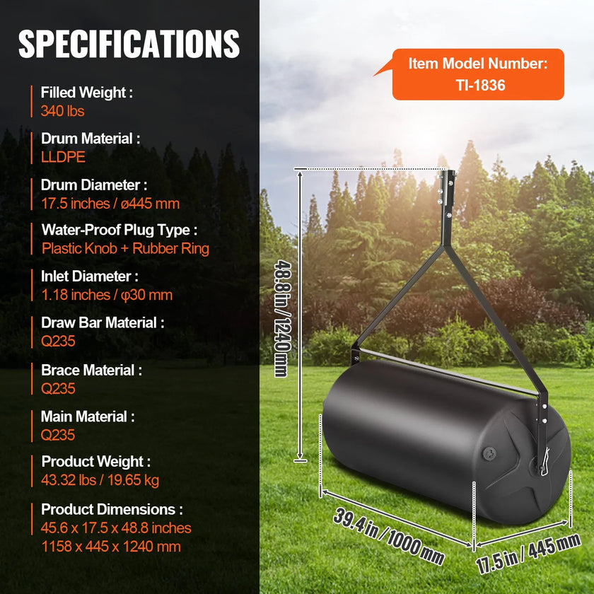 VEVOR Tow Behind Lawn Roller, 400lbs Sand/Water Filled Yard Roller, LLDPE Drum and Steel Frame Sod Roller with Easy-turn Plug, Tow Behind a Tractor or ATV for Lawn, Garden, Farm, Park, Black