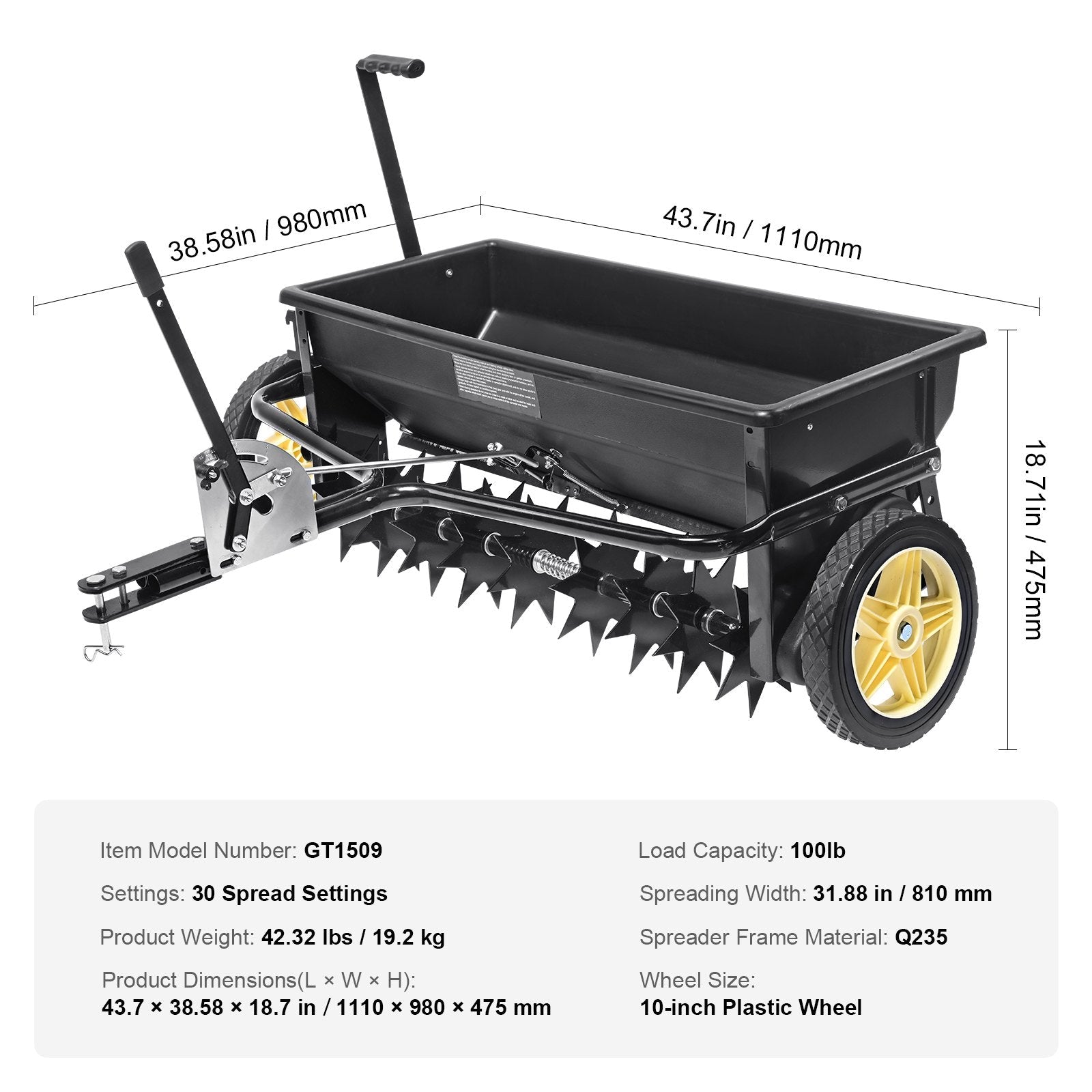 VEVOR Broadcast Spreader, 100 LB Tow Behind Poly Drop Spreader with 10
