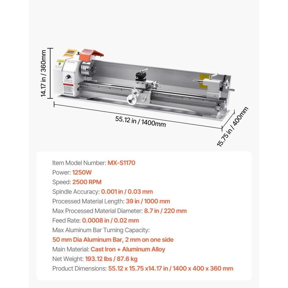 VEVOR Metal Lathe Machine 8.7 x 39 in Bench Power Metal Lathe Automatic Feed
