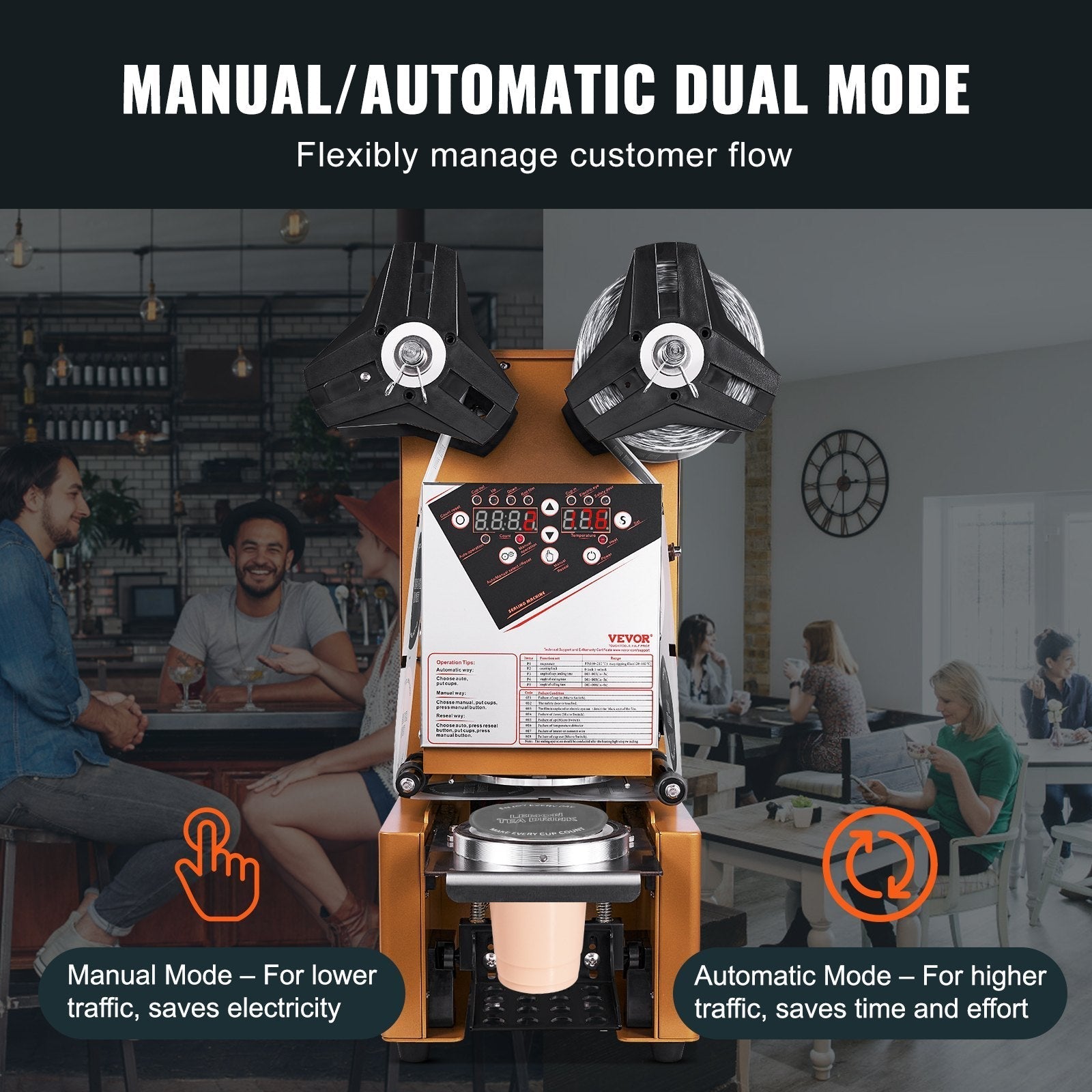 VEVOR Fully Automatic Cup Sealing Machine, 500-650 Cups/H, Cup Sealer Machine for 190 mm Tall & 90/95 mm Cup, Electric Boba Tea Sealer with Digital Control LCD Panel for Bubble Milk Tea Coffee, Gold