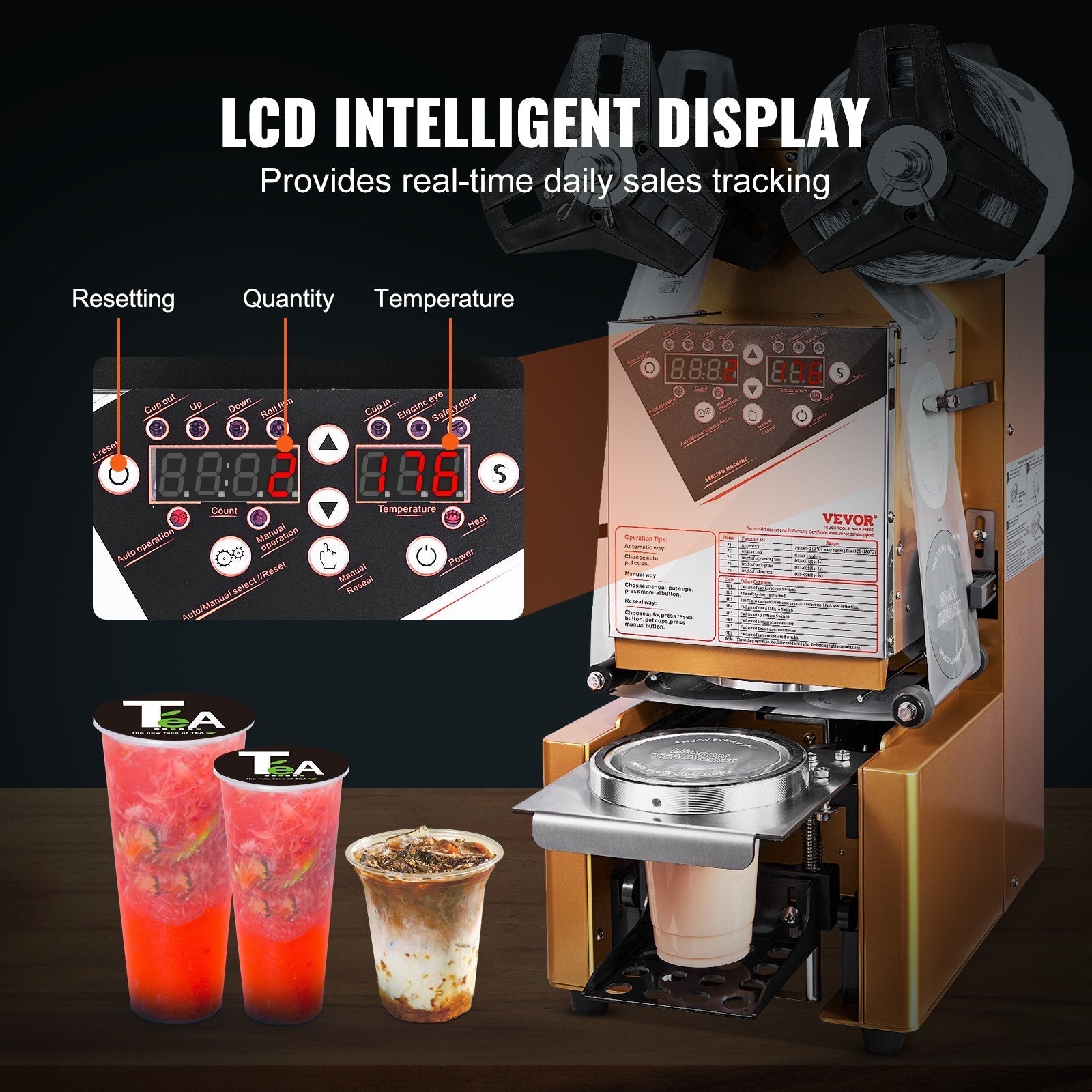 VEVOR Fully Automatic Cup Sealing Machine, 500-650 Cups/H, Cup Sealer Machine for 190 mm Tall & 90/95 mm Cup, Electric Boba Tea Sealer with Digital Control LCD Panel for Bubble Milk Tea Coffee, Gold