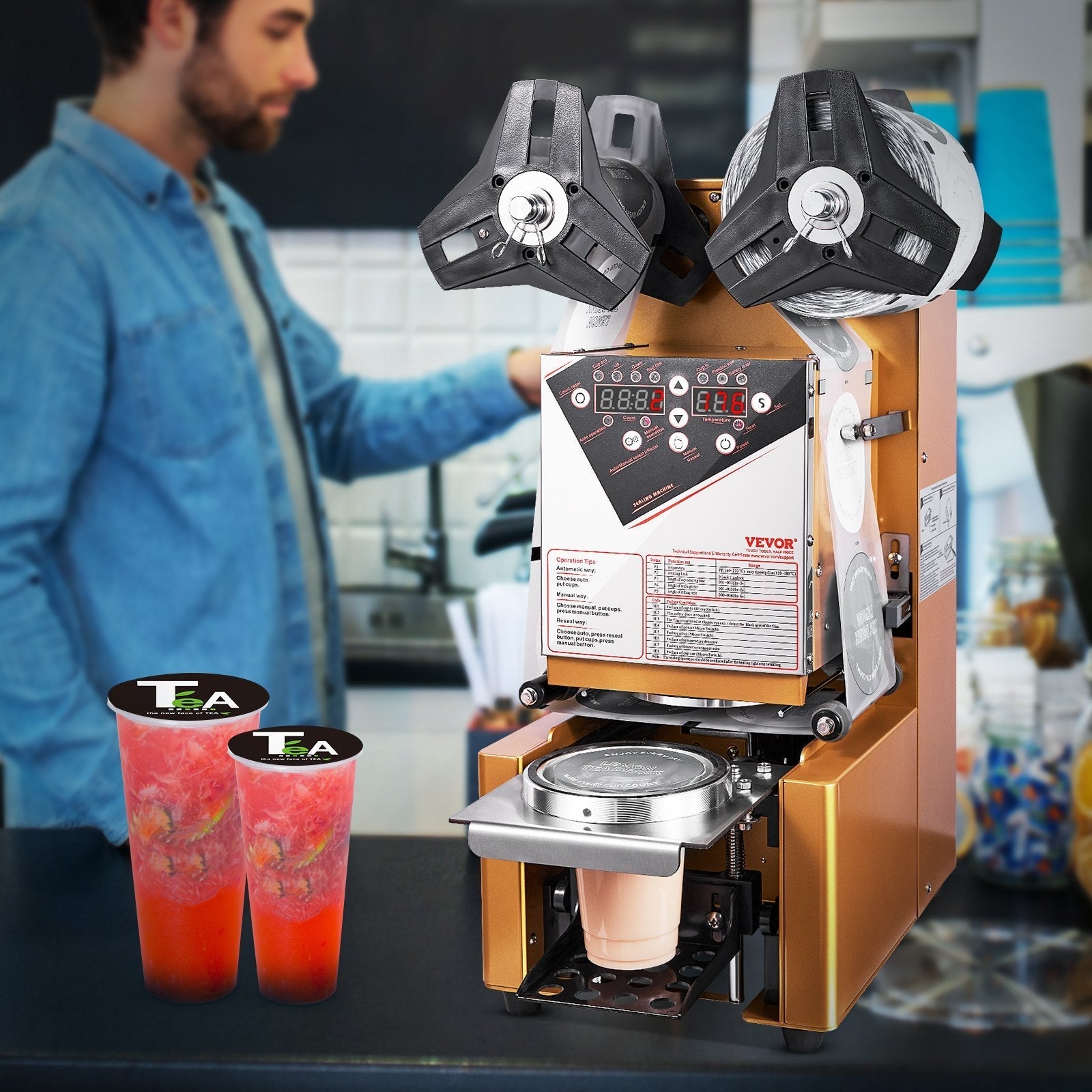 VEVOR Fully Automatic Cup Sealing Machine, 500-650 Cups/H, Cup Sealer Machine for 190 mm Tall & 90/95 mm Cup, Electric Boba Tea Sealer with Digital Control LCD Panel for Bubble Milk Tea Coffee, Gold