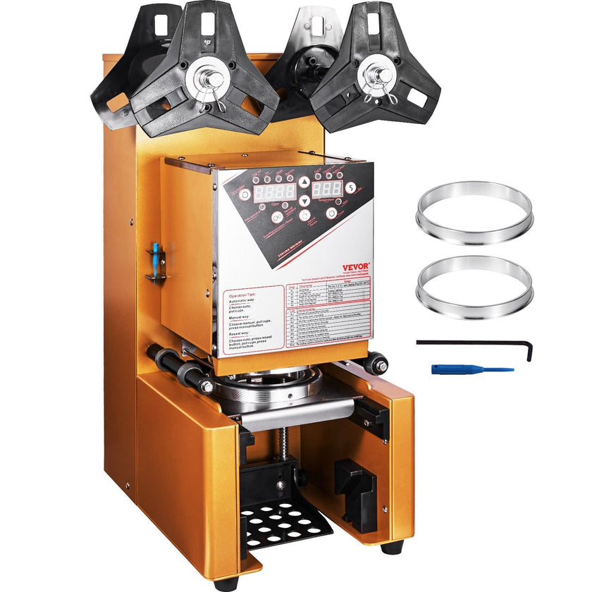 VEVOR Fully Automatic Cup Sealing Machine, 500-650 Cups/H, Cup Sealer Machine for 190 mm Tall & 90/95 mm Cup, Electric Boba Tea Sealer with Digital Control LCD Panel for Bubble Milk Tea Coffee, Gold
