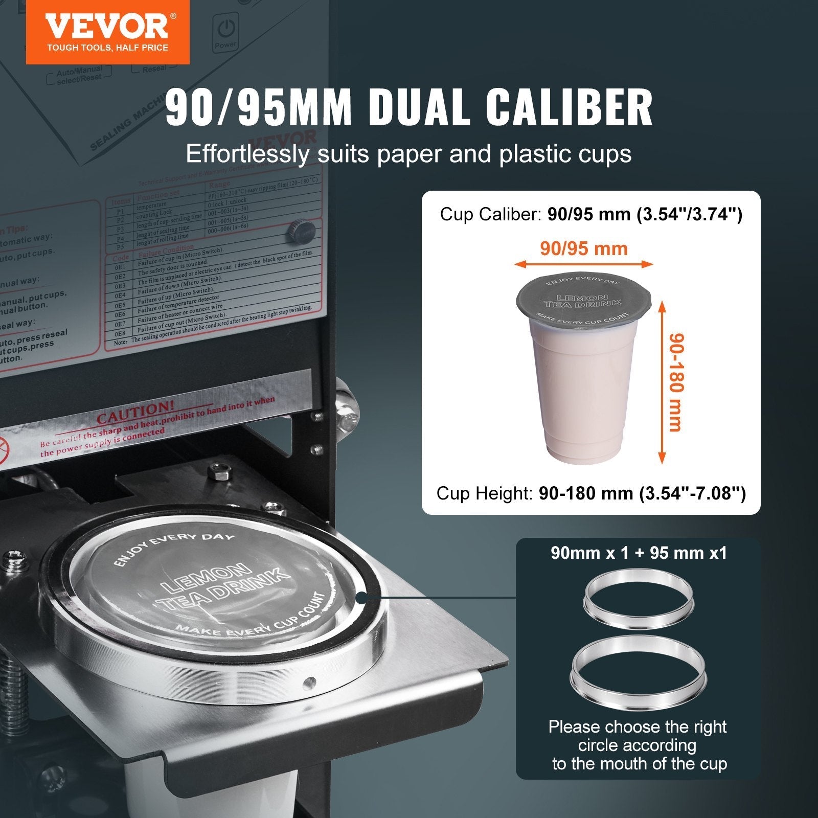 VEVOR Fully Automatic Cup Sealing Machine, 500-650 Cups/H, Cup Sealer Machine for 180 mm Tall & 90/95 mm Cup, Electric Boba Tea Sealer with Digital Control LCD Panel for Bubble Milk Tea Coffee, Black