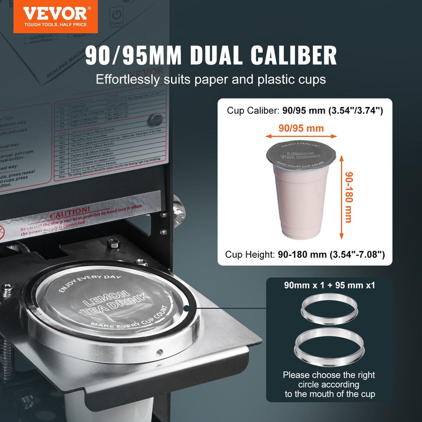 VEVOR Fully Automatic Cup Sealing Machine, 500-650 Cups/H, Cup Sealer Machine for 180 mm Tall & 90/95 mm Cup, Electric Boba Tea Sealer with Digital Control LCD Panel for Bubble Milk Tea Coffee, Black