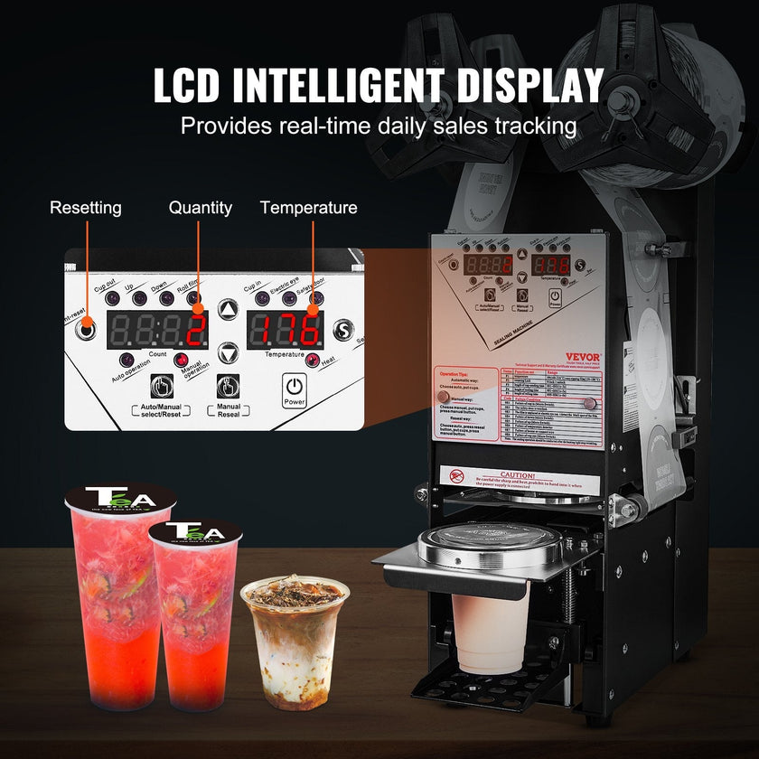VEVOR Fully Automatic Cup Sealing Machine, 500-650 Cups/H, Cup Sealer Machine for 180 mm Tall & 90/95 mm Cup, Electric Boba Tea Sealer with Digital Control LCD Panel for Bubble Milk Tea Coffee, Black