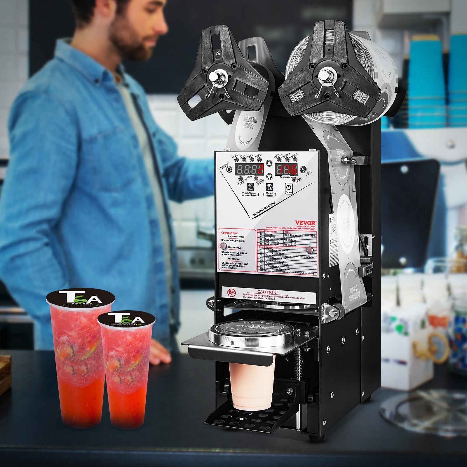 VEVOR Fully Automatic Cup Sealing Machine, 500-650 Cups/H, Cup Sealer Machine for 180 mm Tall & 90/95 mm Cup, Electric Boba Tea Sealer with Digital Control LCD Panel for Bubble Milk Tea Coffee, Black