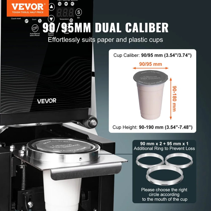 Fully Automatic Cup Sealing Machine, 500–650 Cups/Hour Commercial Cup Sealer for 90mm & 95mm Cups with LCD Digital Controls
