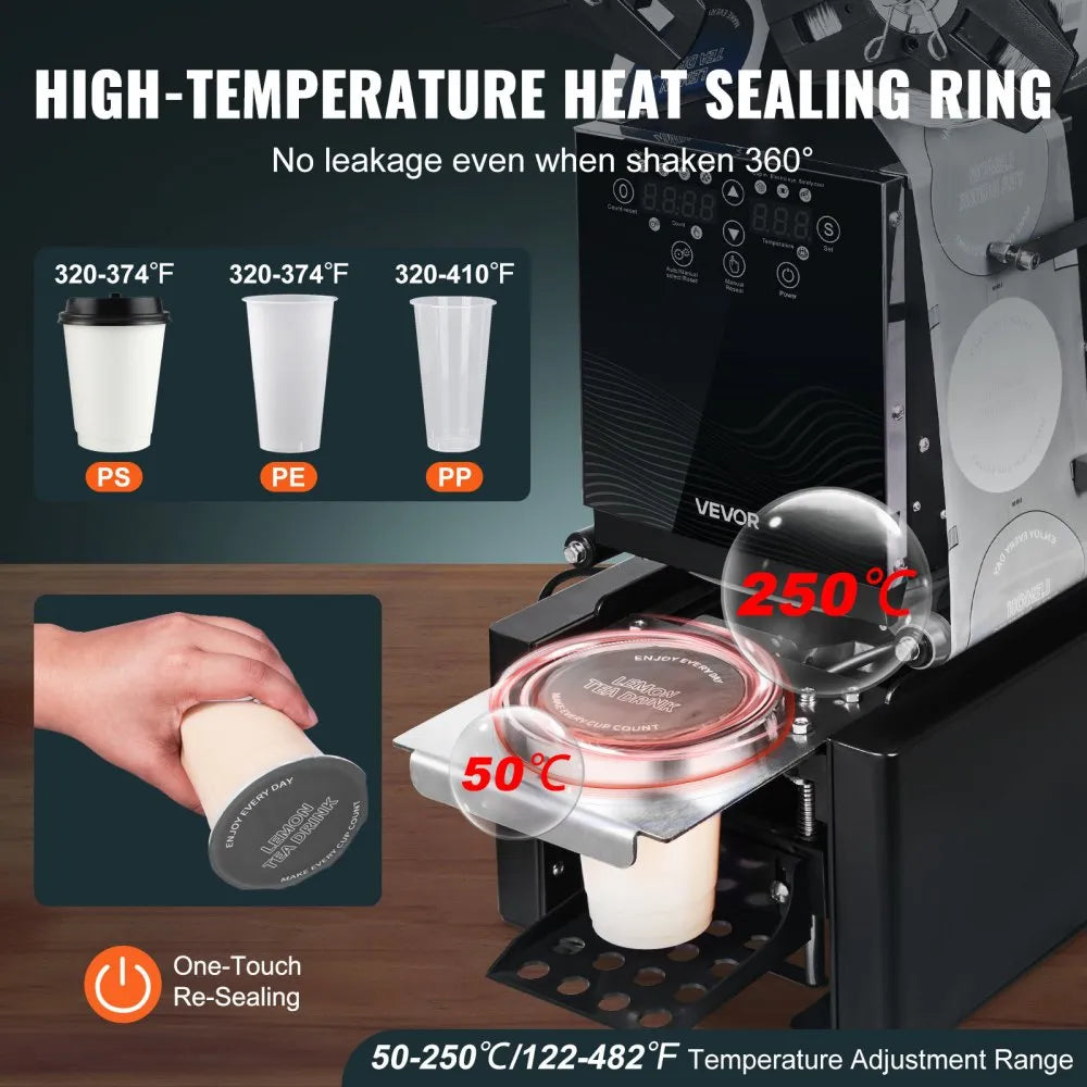 Fully Automatic Cup Sealing Machine, 500–650 Cups/Hour Commercial Cup Sealer for 90mm & 95mm Cups with LCD Digital Controls