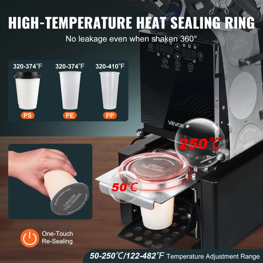 Fully Automatic Cup Sealing Machine, 500–650 Cups/Hour Commercial Cup Sealer for 90mm & 95mm Cups with LCD Digital Controls