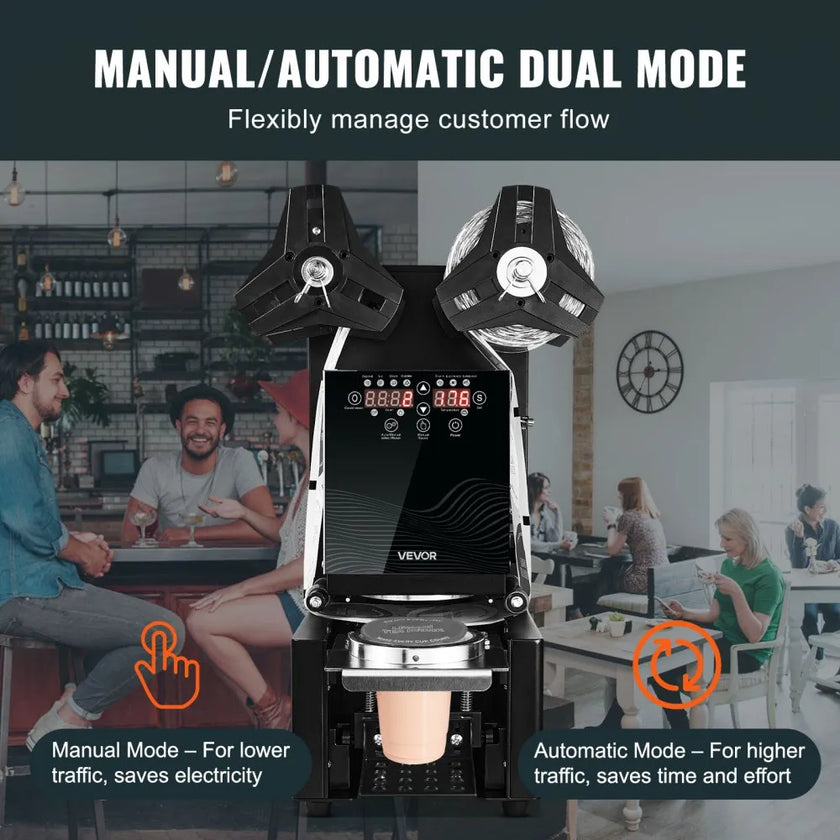 Fully Automatic Cup Sealing Machine, 500–650 Cups/Hour Commercial Cup Sealer for 90mm & 95mm Cups with LCD Digital Controls
