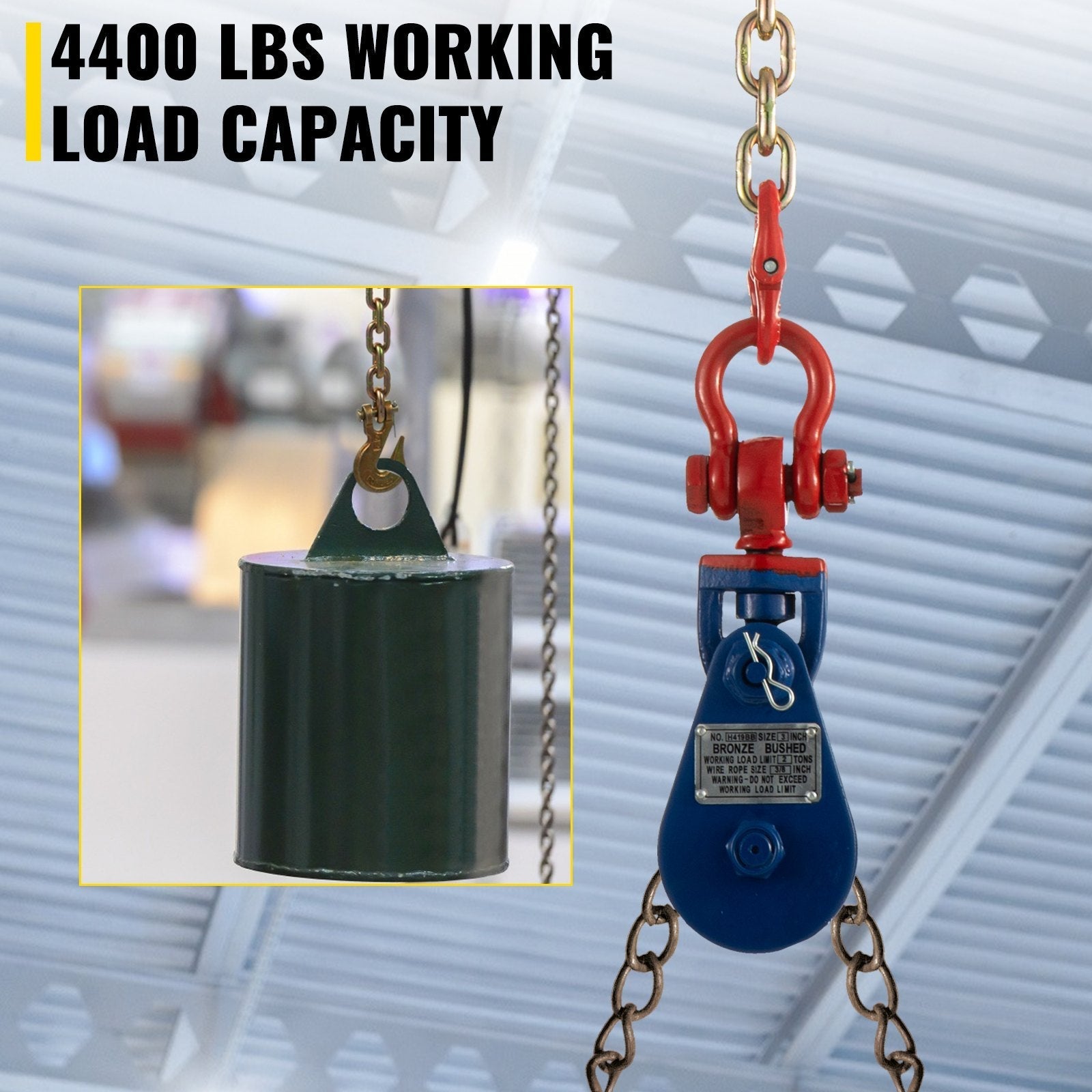 VEVOR 2ton Snatch Block with Chain, 4400 lbs Capacity Snatch Rigging Block, 3\'\' Single Sheave Block w/Swivel Hook, G70 Chain, Fit 3/8\'\' Wire Cable Heavy Duty for Pulling Wrecker Roll Back Recovery