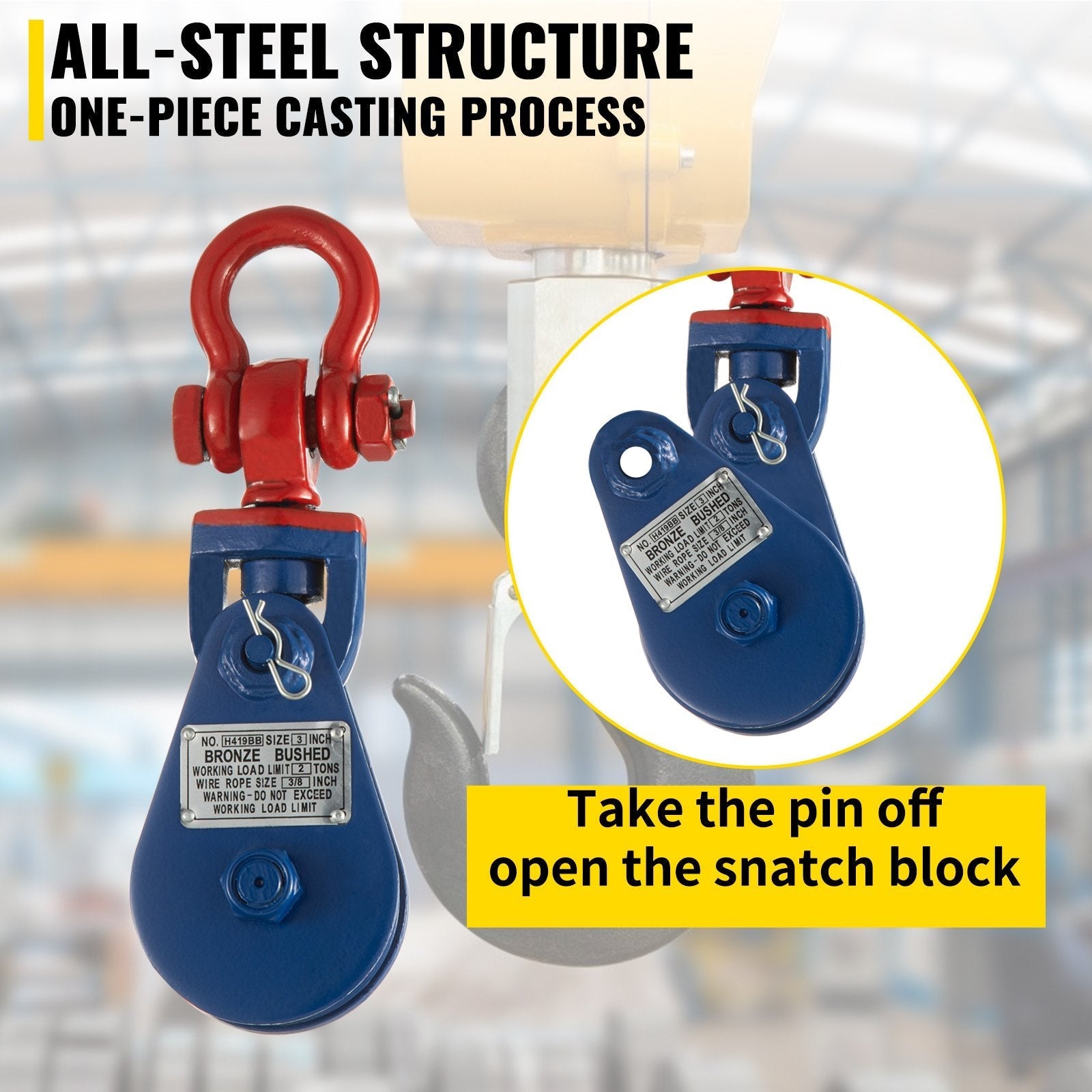 VEVOR 2ton Snatch Block with Chain, 4400 lbs Capacity Snatch Rigging Block, 3\'\' Single Sheave Block w/Swivel Hook, G70 Chain, Fit 3/8\'\' Wire Cable Heavy Duty for Pulling Wrecker Roll Back Recovery