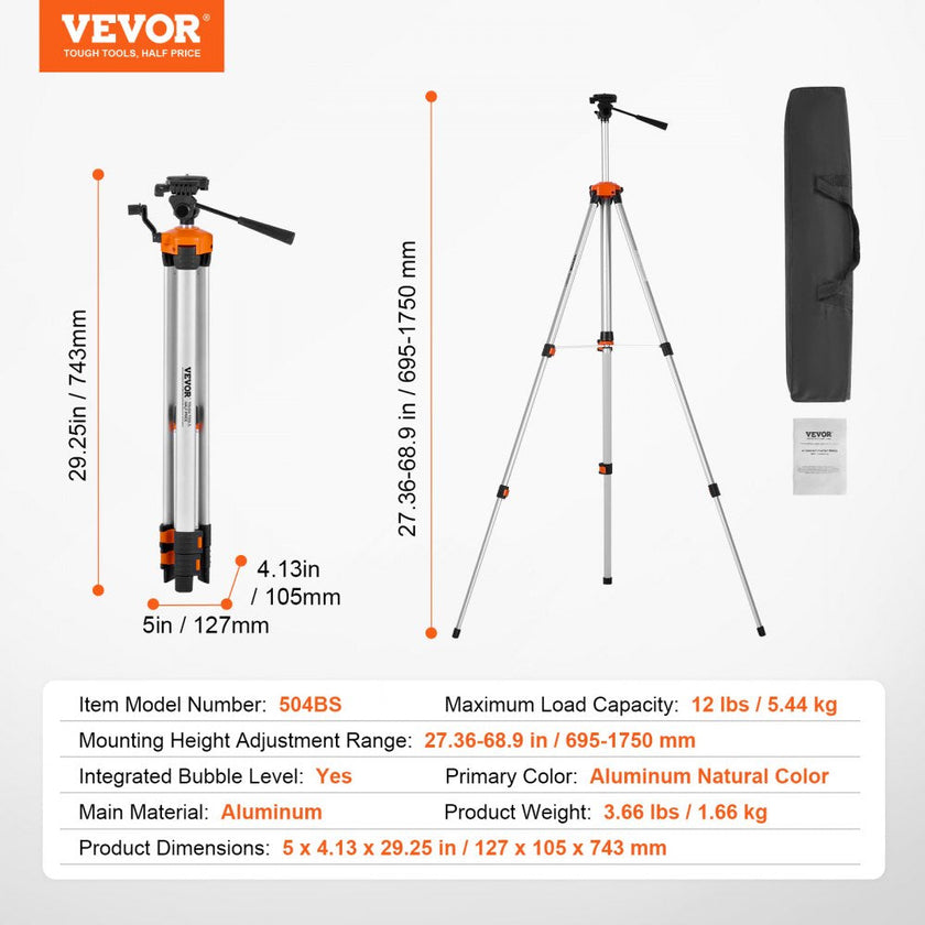 VEVOR Laser Level Tripod ¼ x 20 Thread 27.36-68.11 inch Height Adjustment