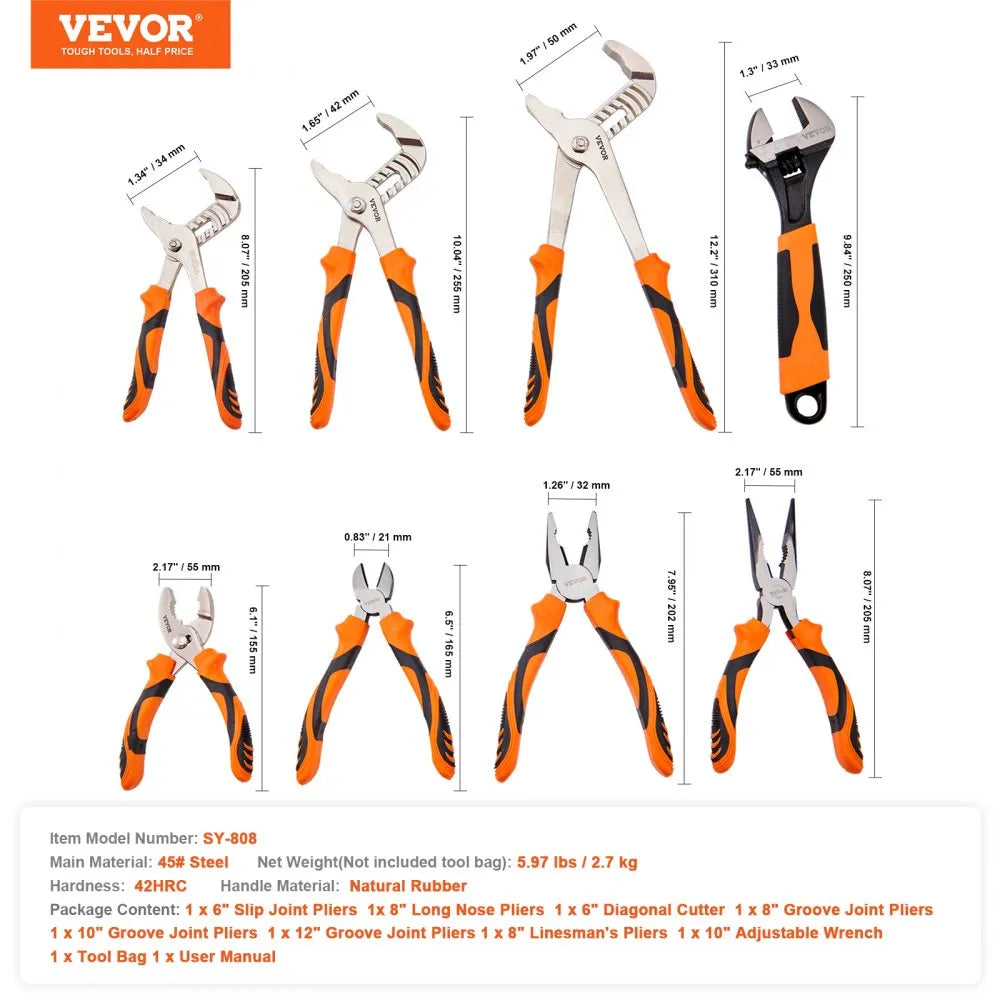 VEVOR Pliers Set, 8-Piece, High Carbon Steel, 12