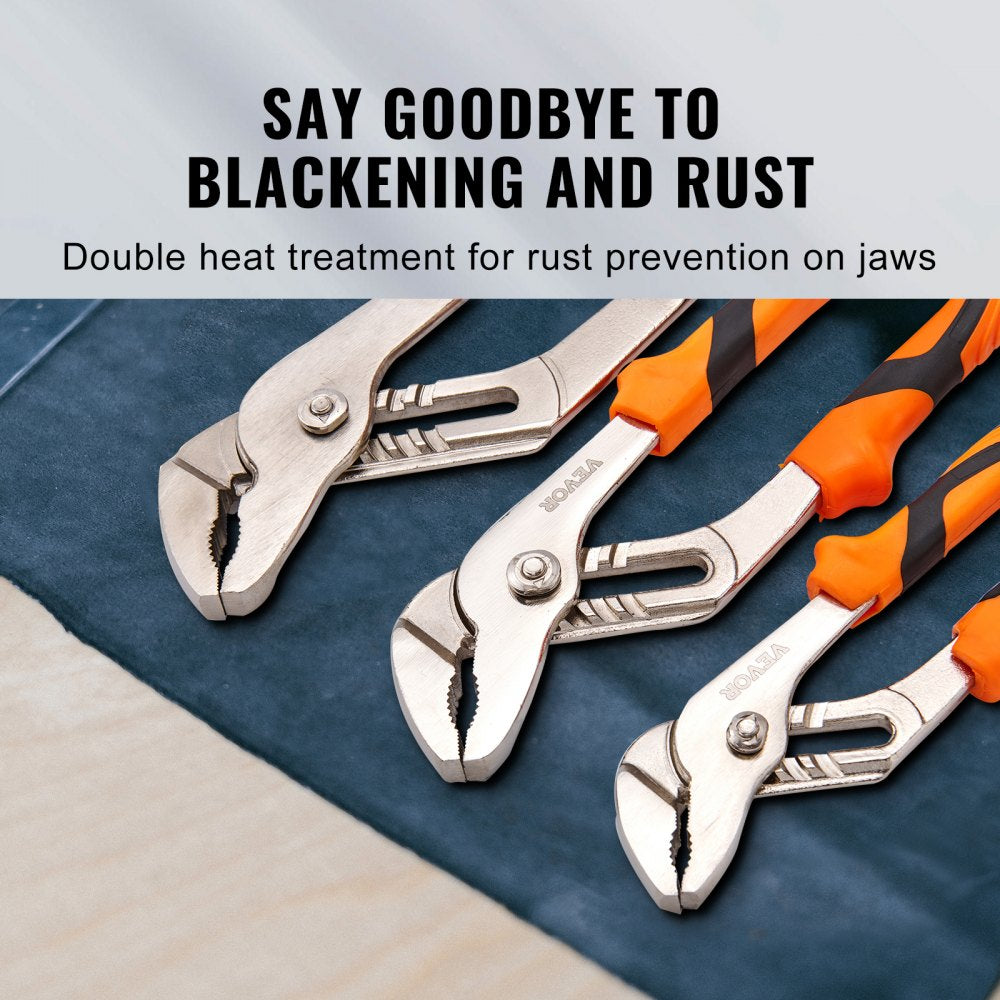 VEVOR Groove Joint Pliers Set, 3-Piece 12/10/8 inch, Heat-Treated High Carbon Steel Water Pump Pliers, Button Quick Adjustable Pliers for Home Repair, Gripping, Nuts, Bolts, Pipes, Fittings