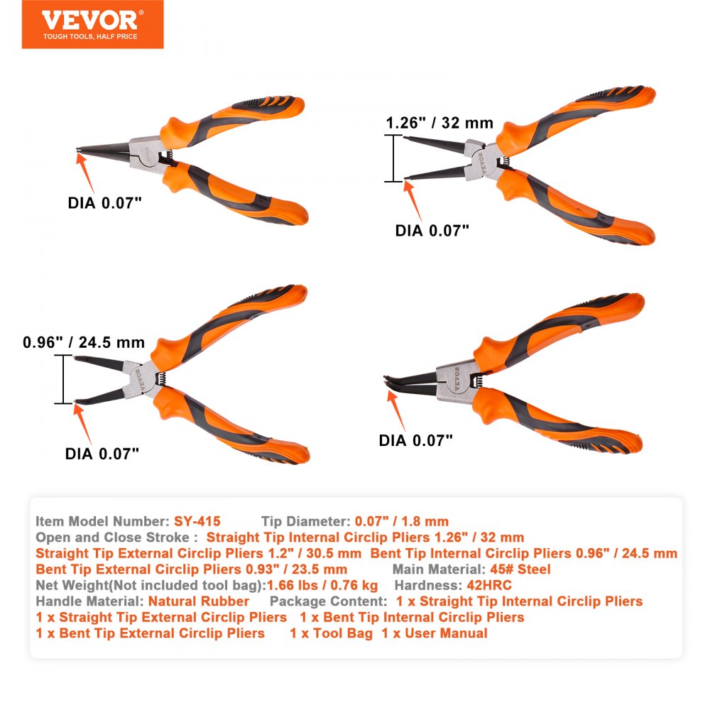 VEVOR Snap Ring Pliers Set, 4-Piece 0.07