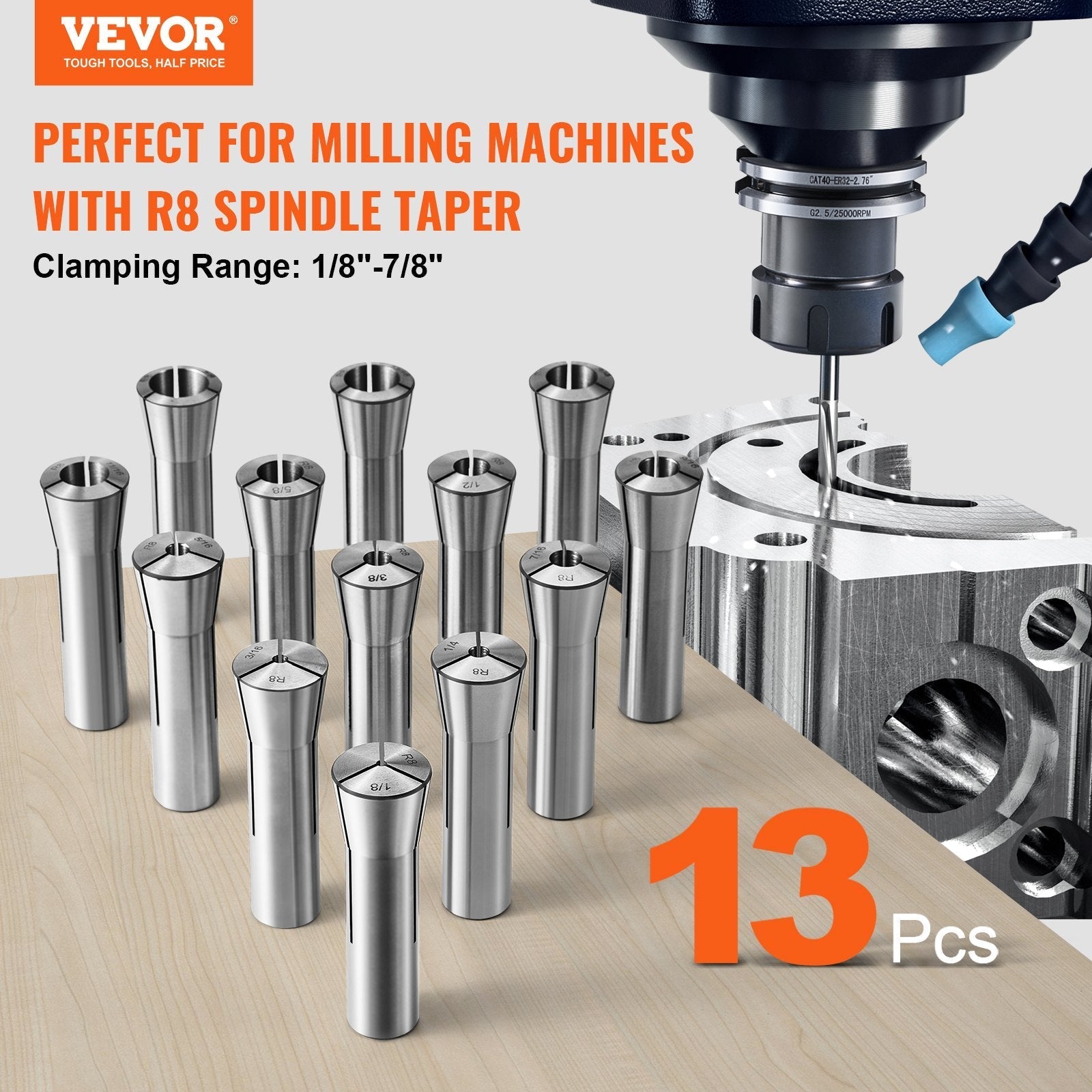 VEVOR 13 pcs Precision R8 Collet Set, 1/8'' - 7/8'', 45# Alloy Steel Mill Collet Chuck 0.0012