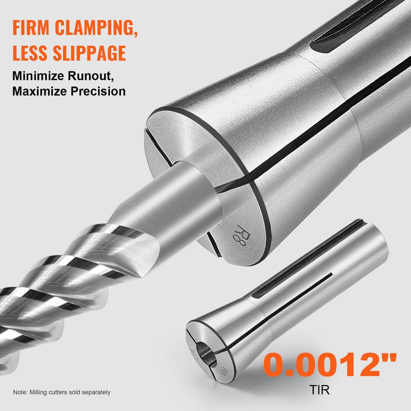 VEVOR 13 pcs Precision R8 Collet Set, 1/8'' - 7/8'', 45# Alloy Steel Mill Collet Chuck 0.0012