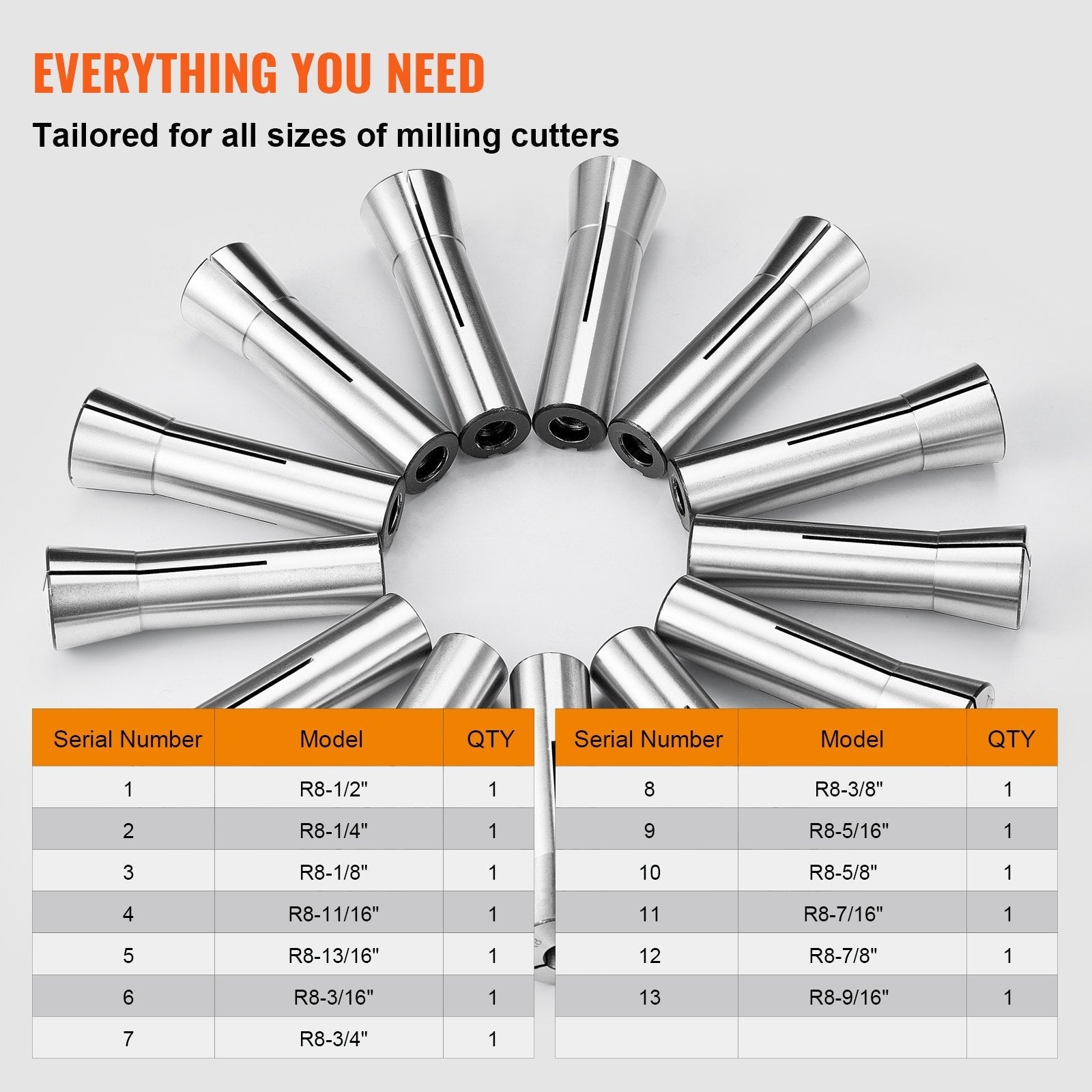 VEVOR 13 pcs Precision R8 Collet Set, 1/8'' - 7/8'', 45# Alloy Steel Mill Collet Chuck 0.0012