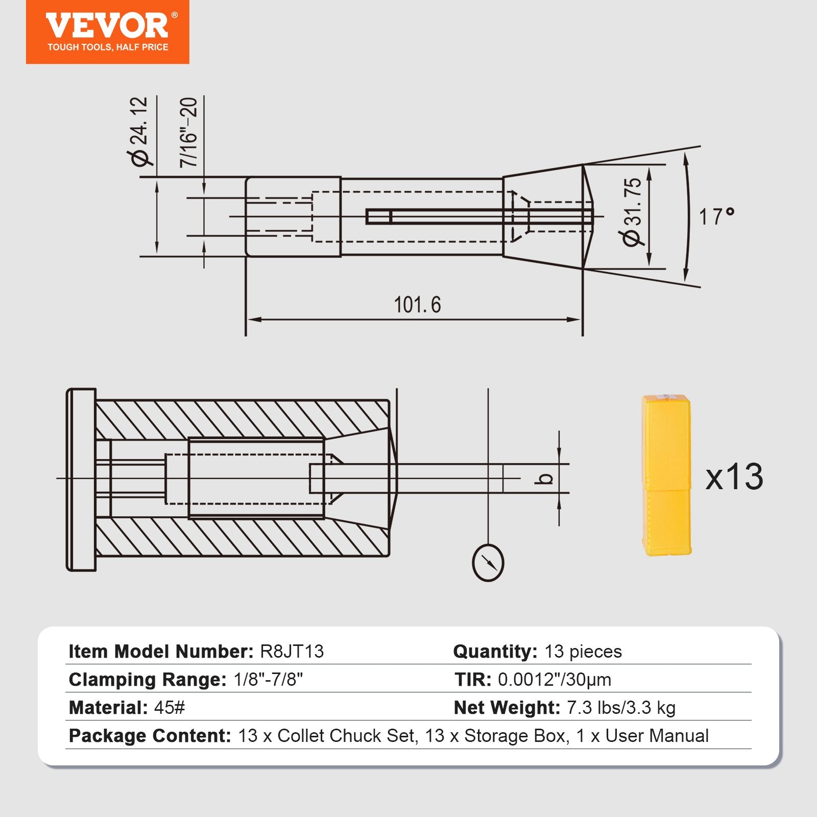 VEVOR 13 pcs Precision R8 Collet Set, 1/8'' - 7/8'', 45# Alloy Steel Mill Collet Chuck 0.0012