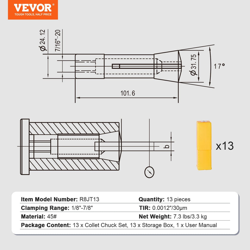 VEVOR 13 pcs Precision R8 Collet Set, 1/8'' - 7/8'', 45# Alloy Steel Mill Collet Chuck 0.0012