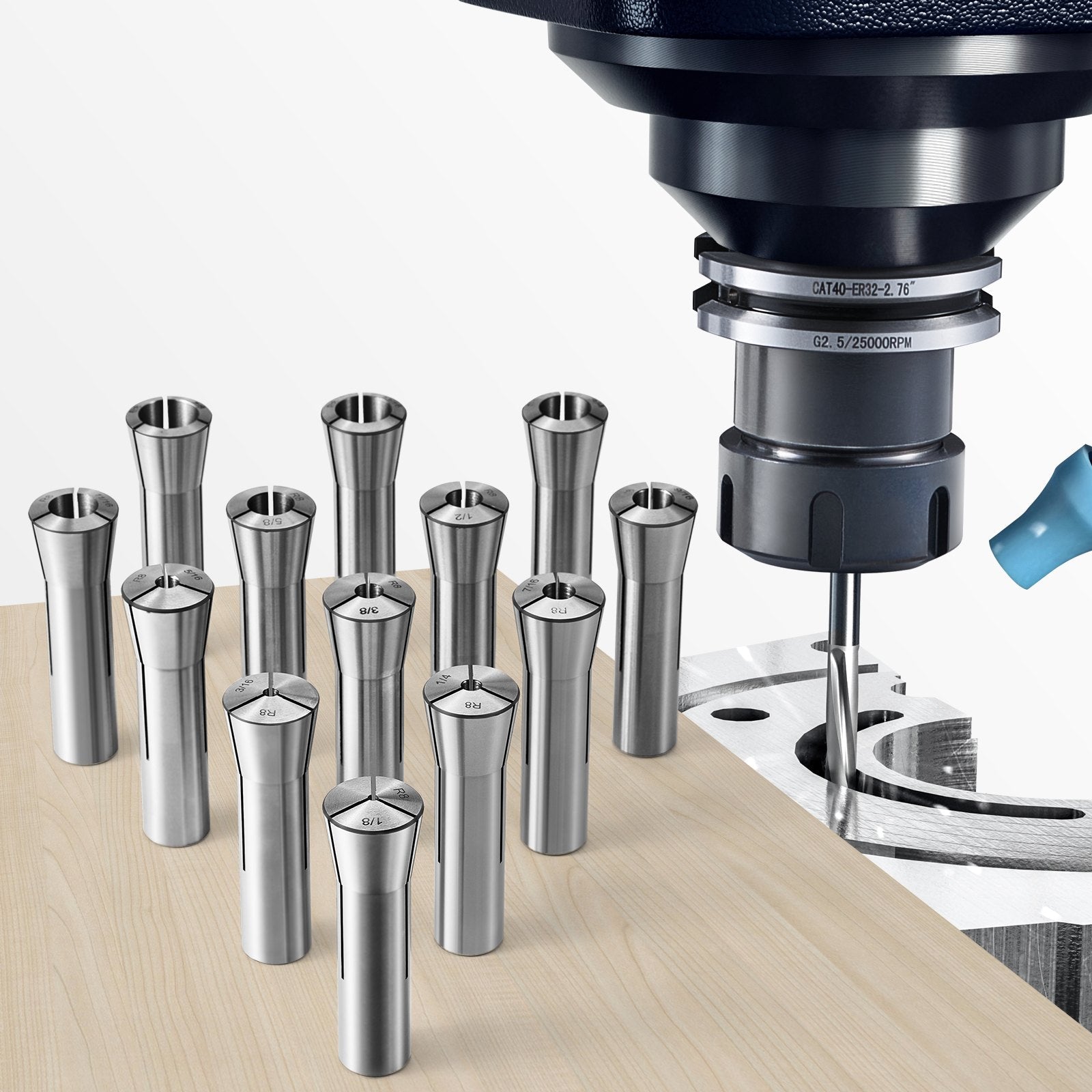 VEVOR 13 pcs Precision R8 Collet Set, 1/8'' - 7/8'', 45# Alloy Steel Mill Collet Chuck 0.0012